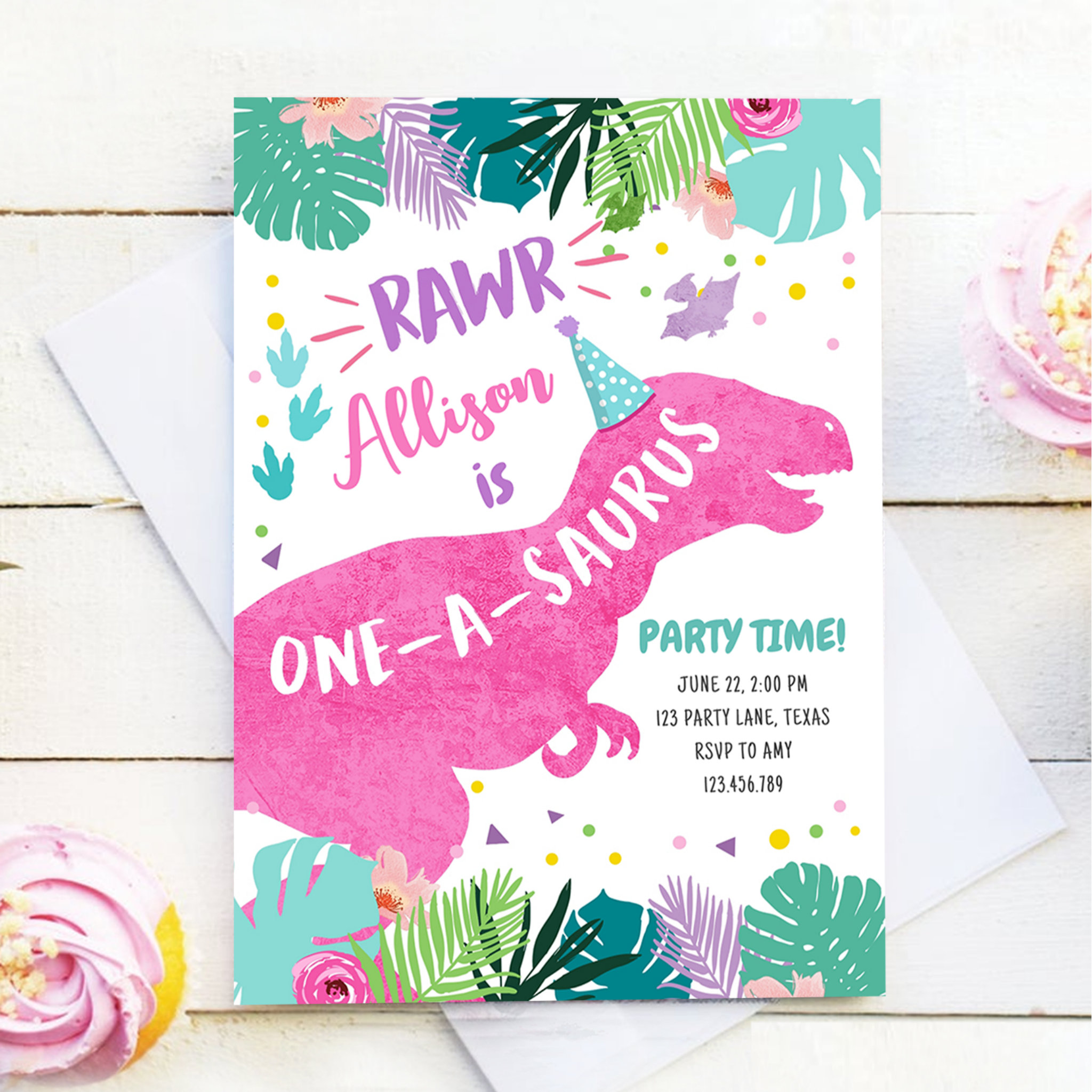 One-A-Saurus Pink Dinosaur Girl 1st First Birthday Invitation