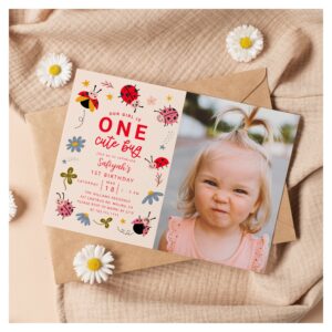 ONE Cute Bug Ladybug 1st Birthday Party Photo Invitation