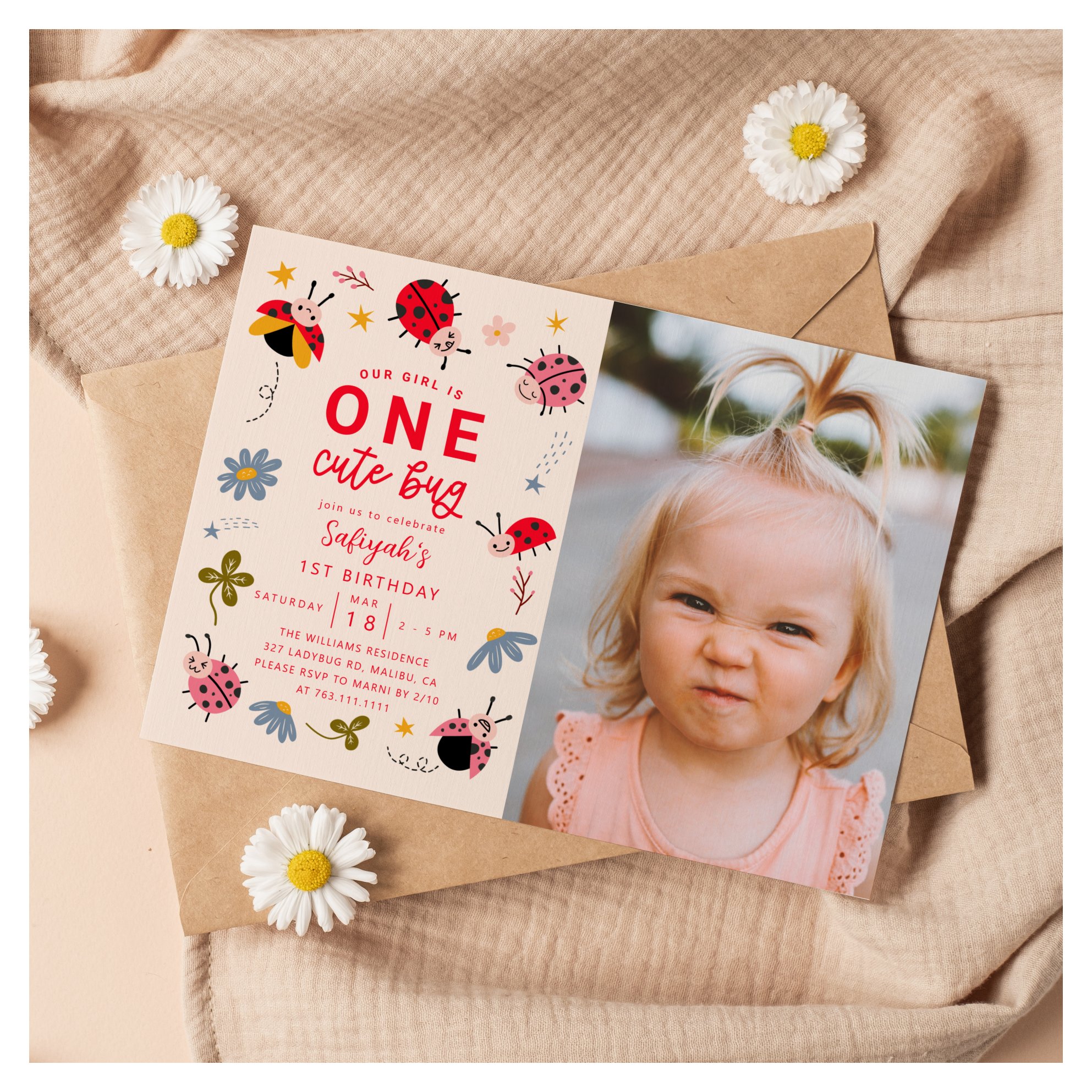 ONE Cute Bug Ladybug 1st Birthday Party Photo Invitation