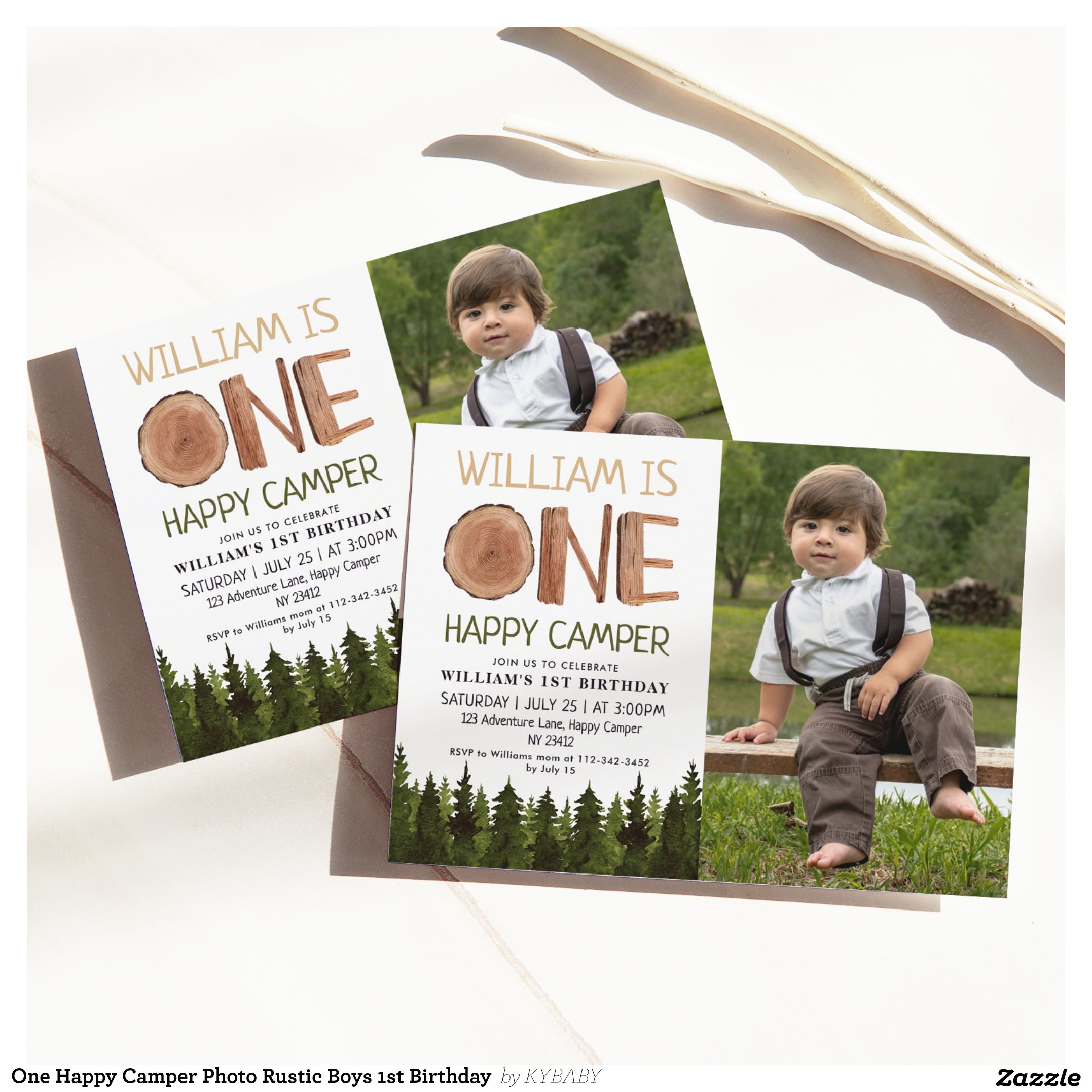 One Happy Camper Photo Rustic Boys 1st Birthday  Invitation