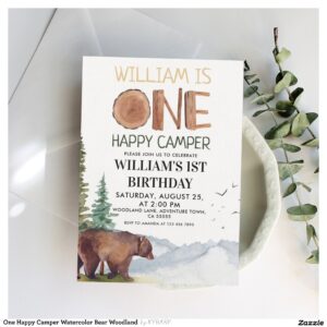 One Happy Camper Watercolor Bear Woodland  Invitation