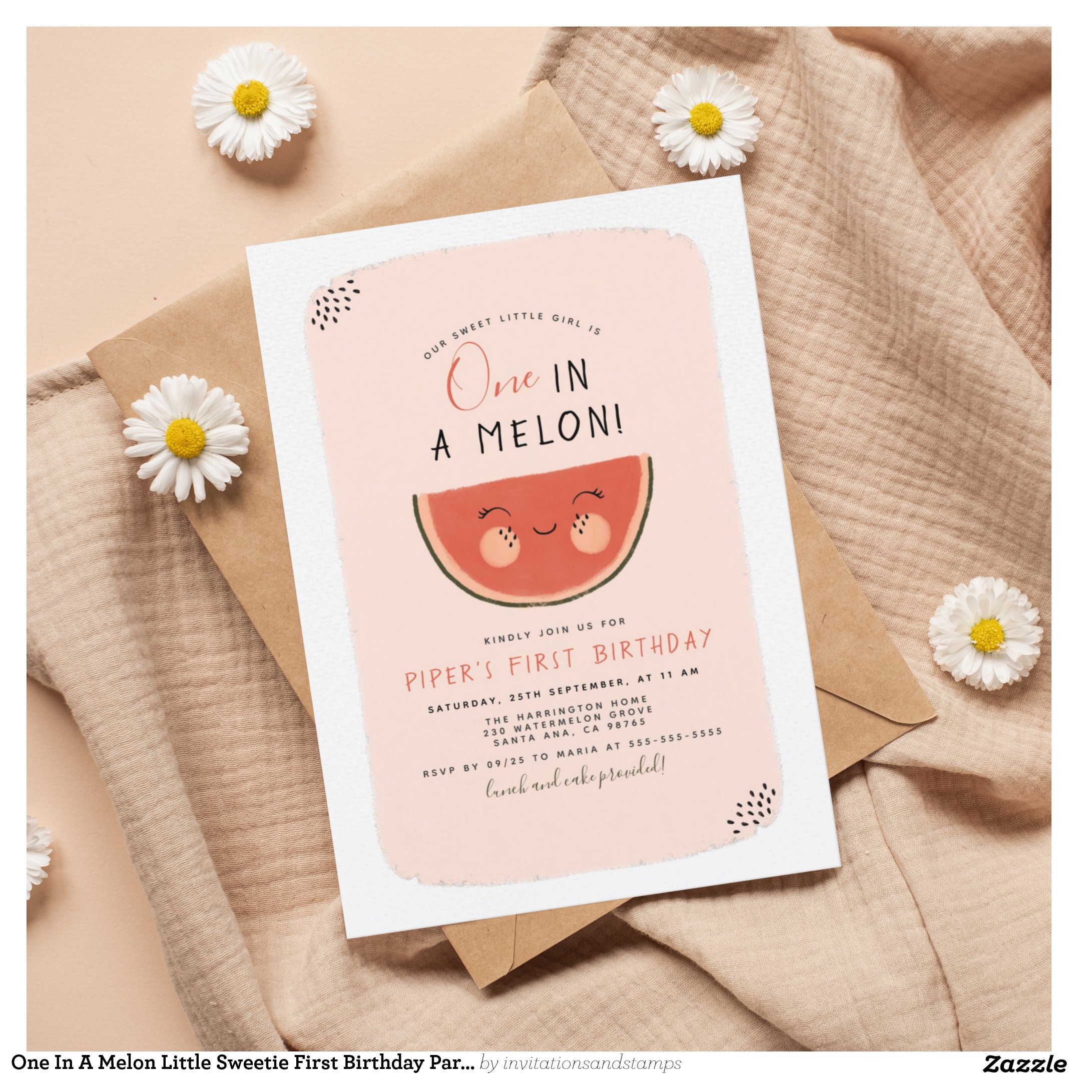 One In A Melon Little Sweetie First Birthday Party Invitation