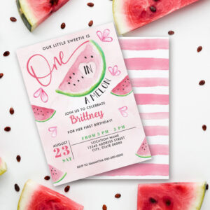 One in a Melon Watermelon Watercolor Birthday Invitation