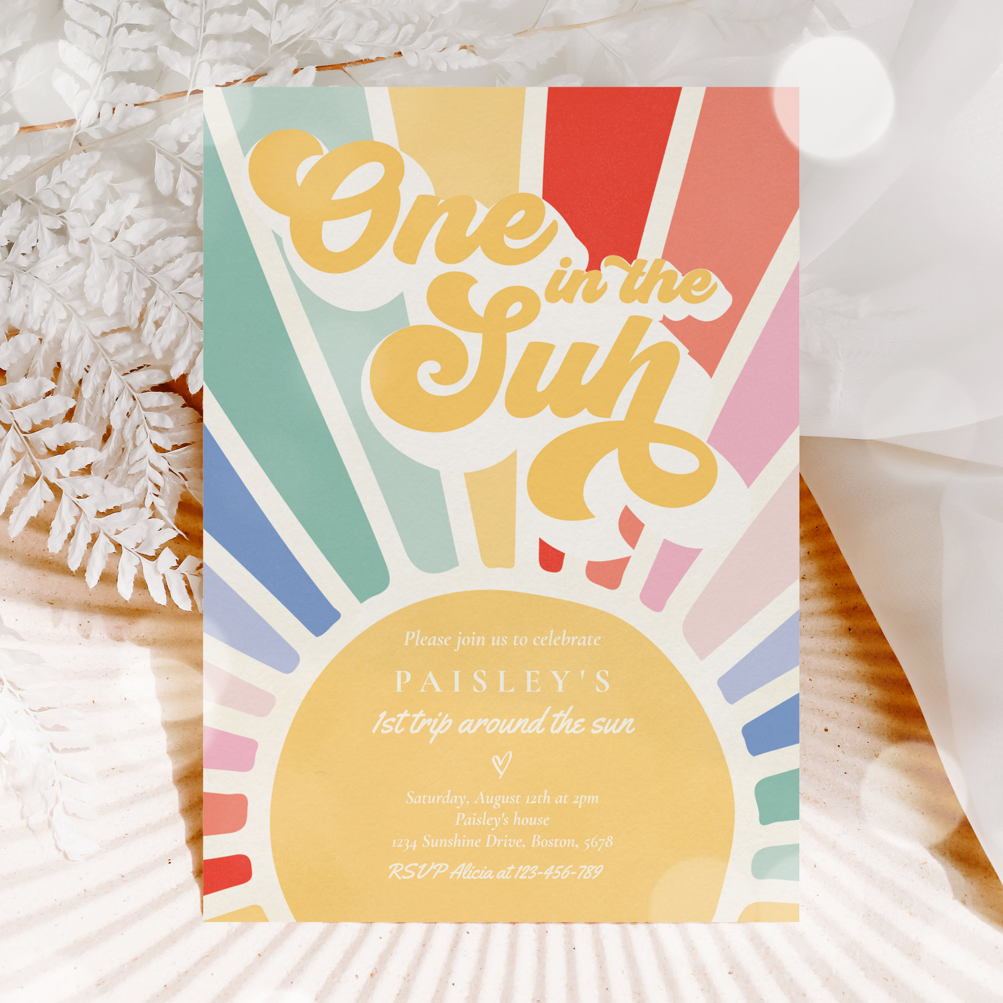 One In The Sun Sunshine 1st Birthday Muted Rainbow Invitation