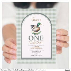 One Lucky Mallard Ducks Green Gingham 1st Birthday Invitation