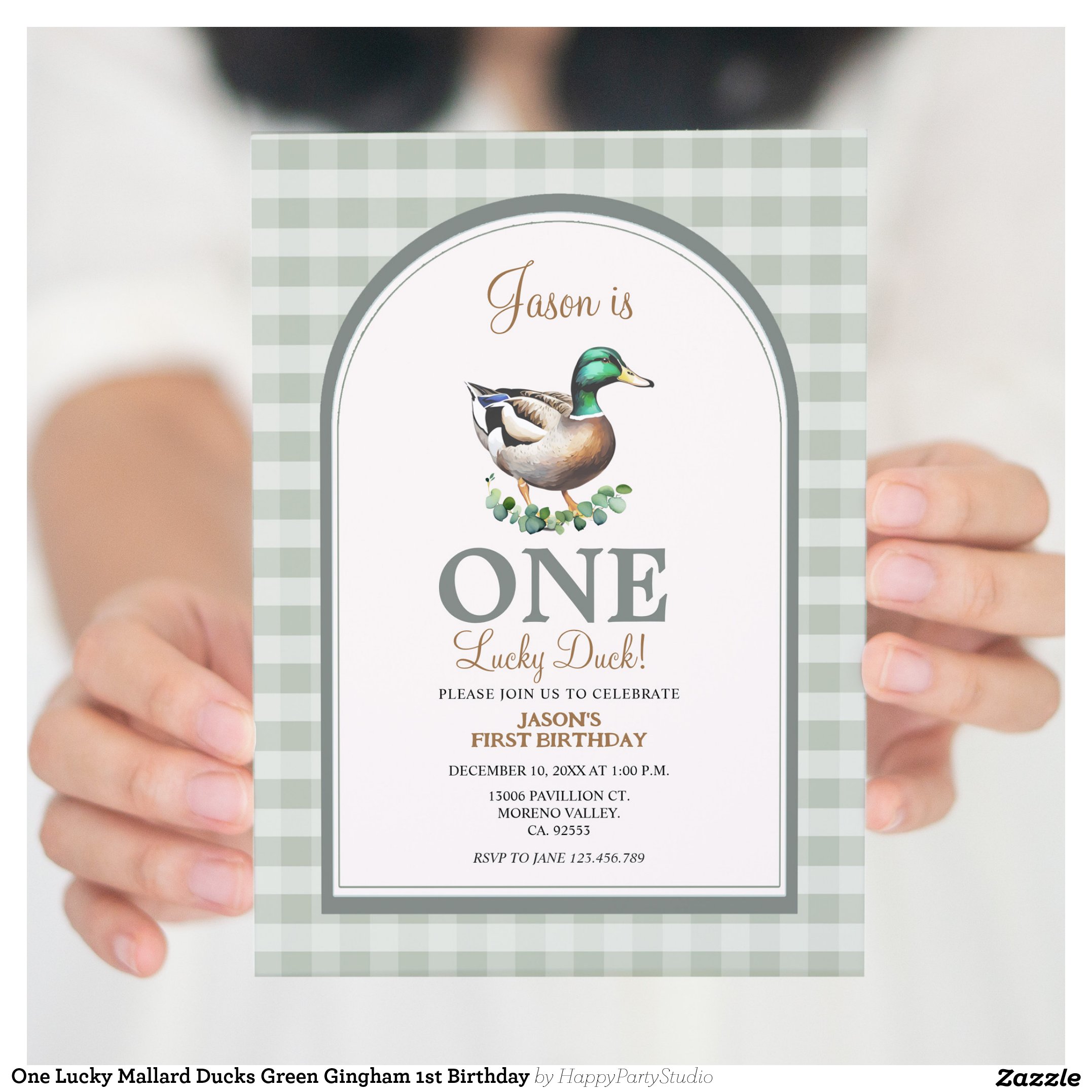 One Lucky Mallard Ducks Green Gingham 1st Birthday Invitation