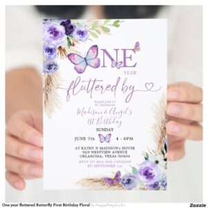 One year fluttered Butterfly First Birthday Floral Invitation