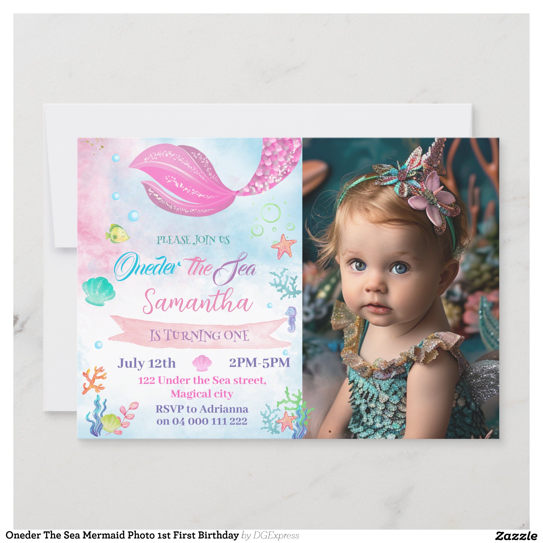 Oneder The Sea Mermaid Photo 1st First Birthday Invitation