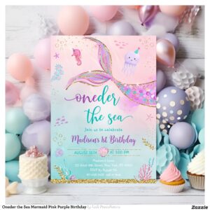 Oneder the Sea Mermaid Pink Purple Birthday Invitation