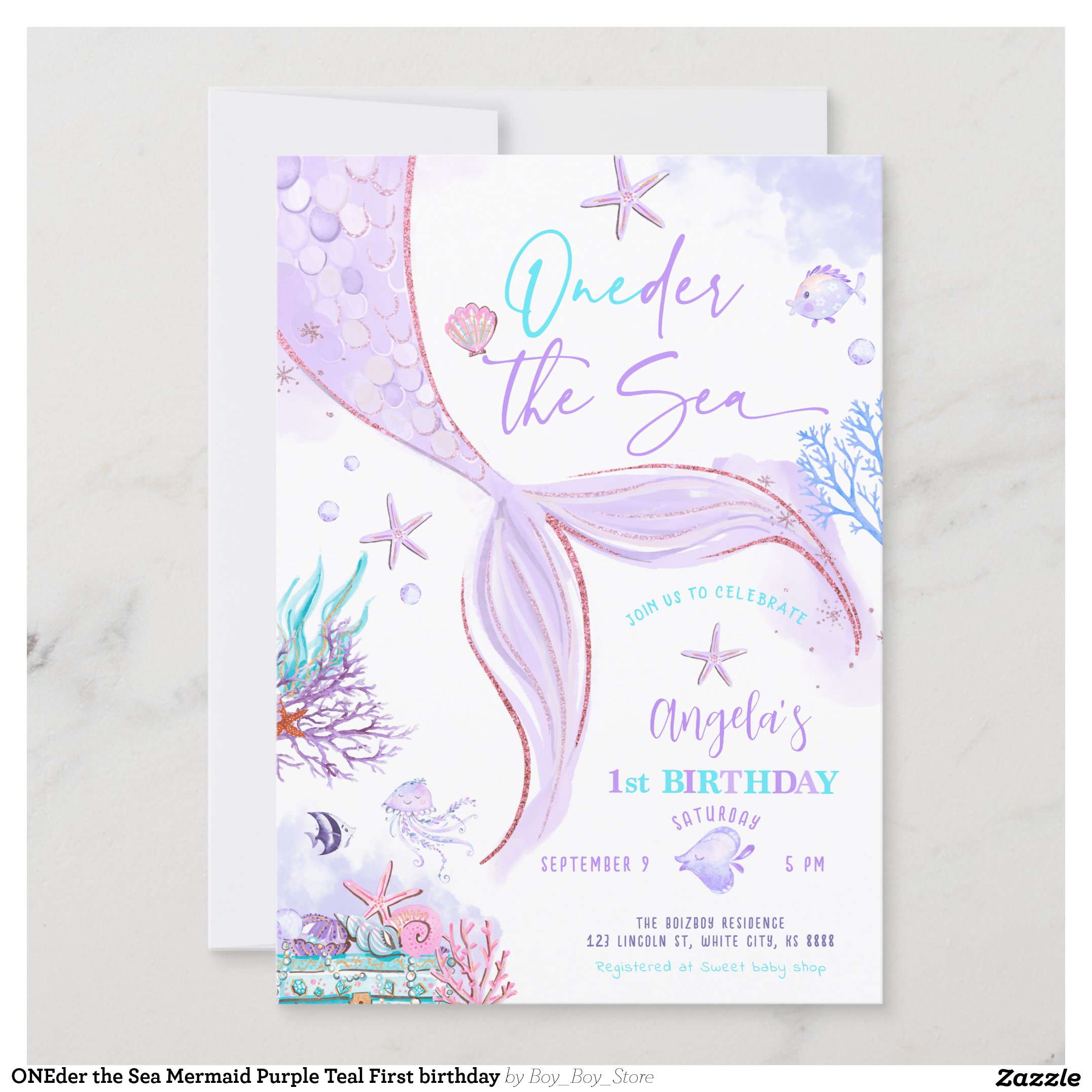 ONEder the Sea Mermaid Purple Teal First birthday Invitation