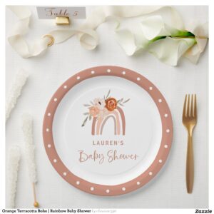 Orange Terracotta Boho   Rainbow Baby Shower Paper Plates
