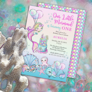 Our Little Mermaid Girl 1st Birthday Party Invitation