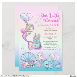 Our Little Mermaid Girl 1st Birthday Party Invitation