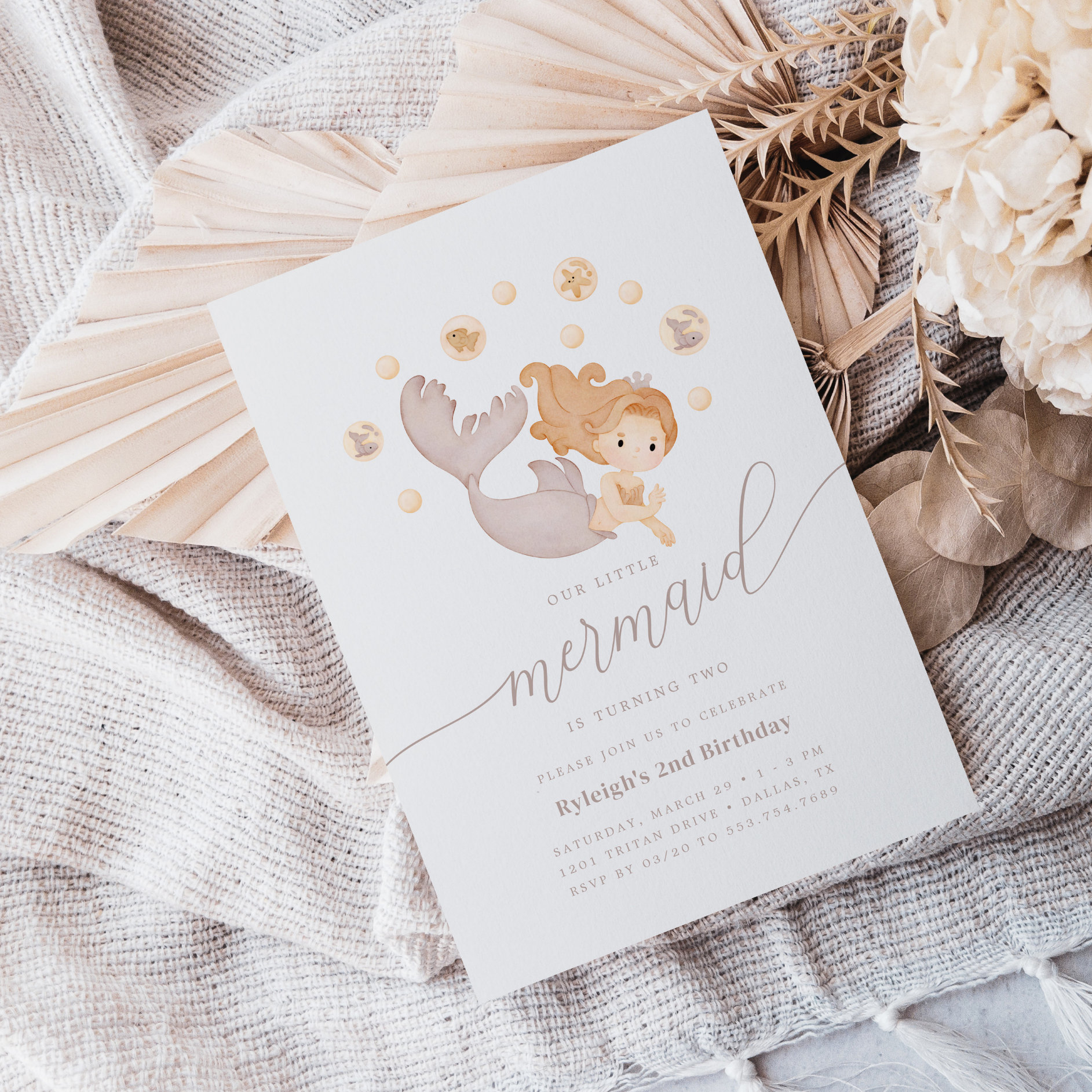 Our Little Mermaid Sea Girls Boho Birthday Party Invitation