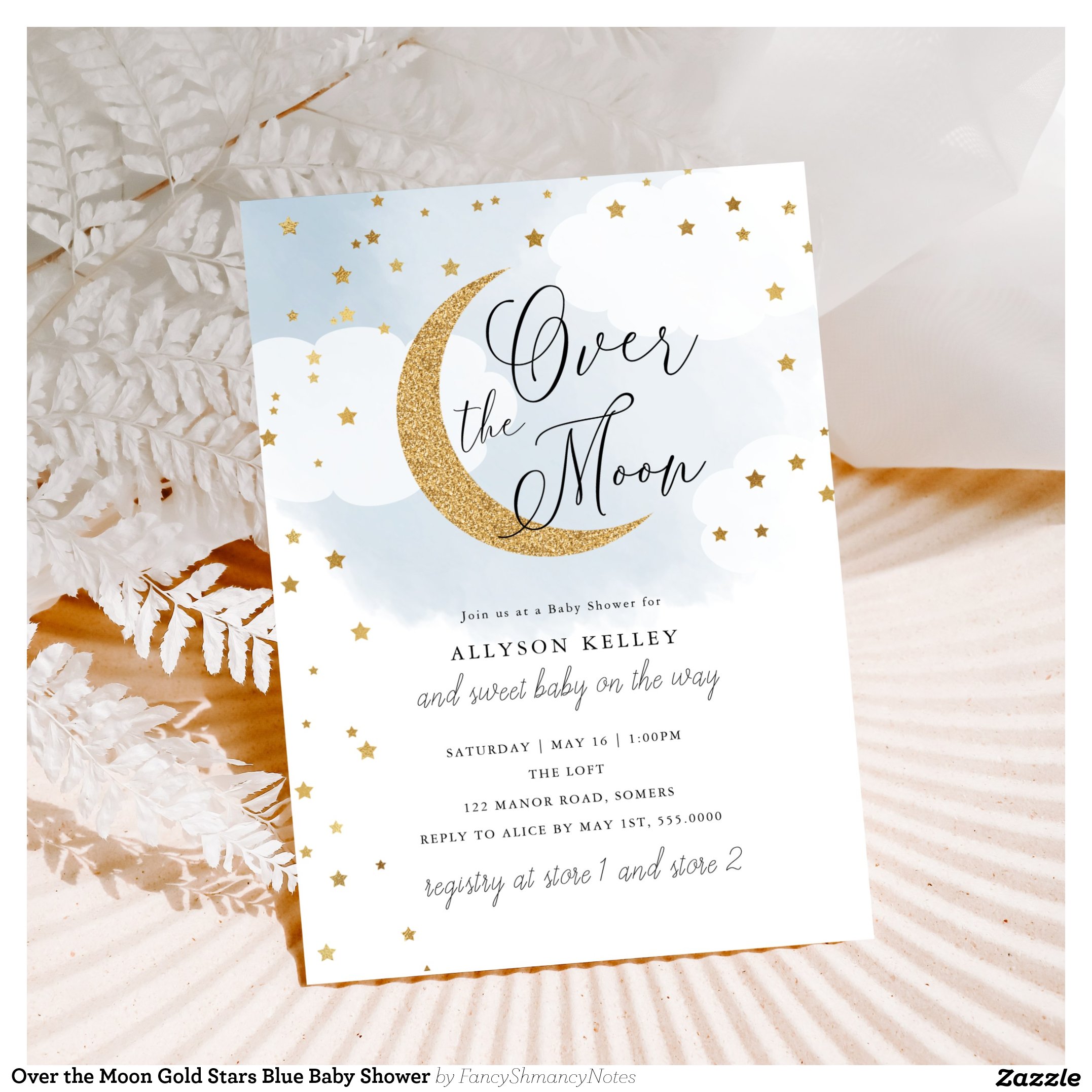 Over the Moon Gold Stars Blue Baby Shower Invitation