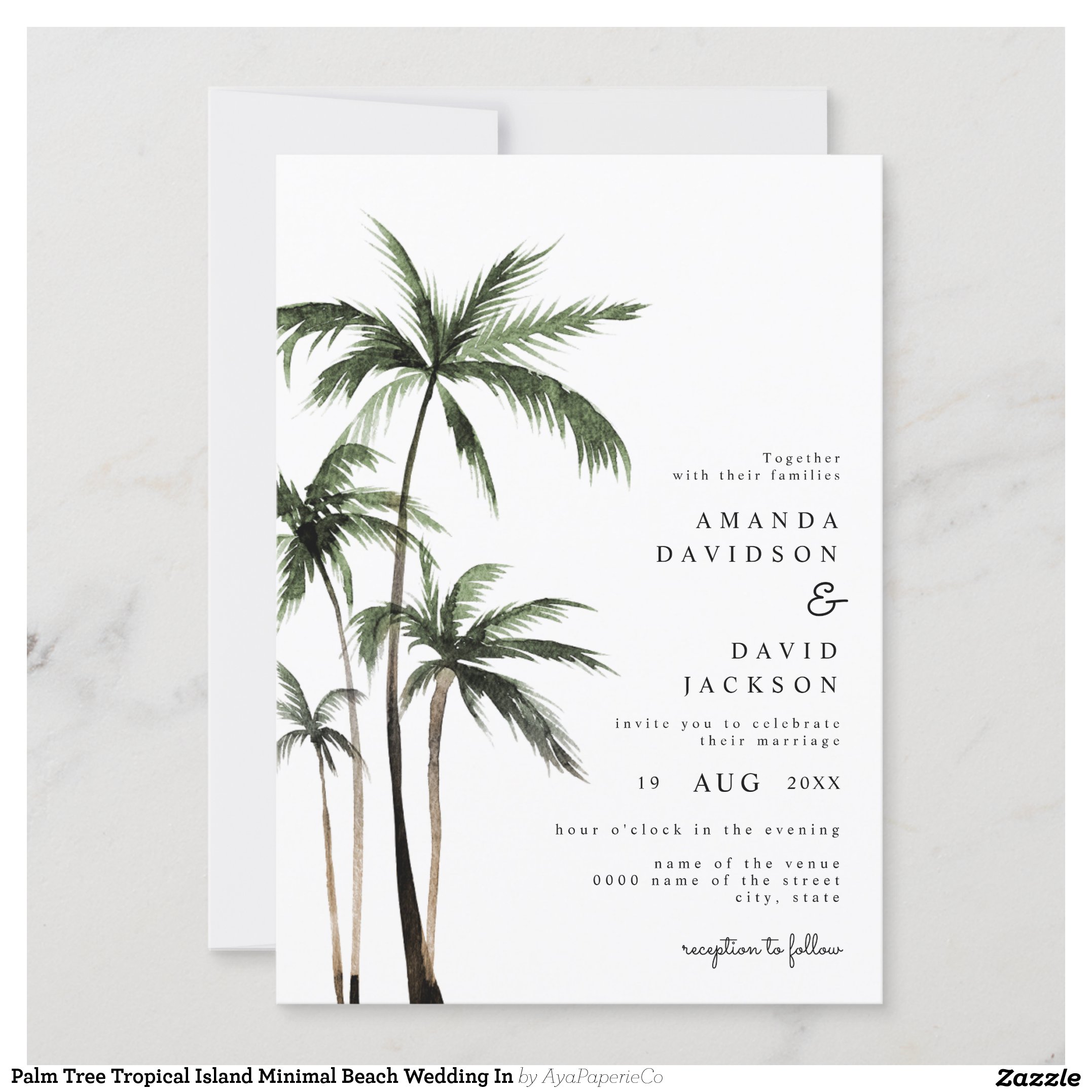 Palm Tree Tropical Island Minimal Beach Wedding In Invitation