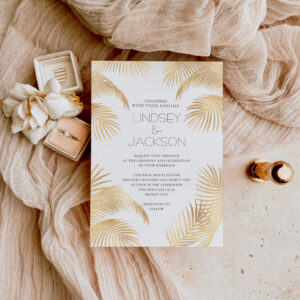 Palm Tree Tropical Minimalist Beach Wedding Gold Foil Invitation