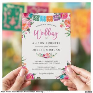 Papel Picado Bloom Flowers Mexican Style Wedding Invitation