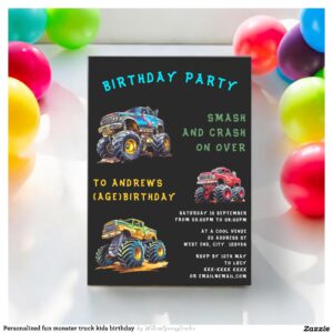 Personalized fun monster truck kids birthday  invitation