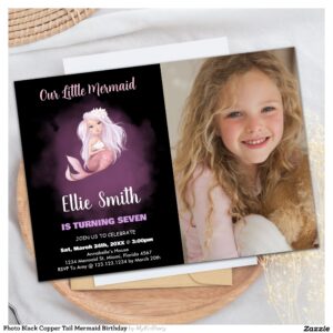 Photo Black Copper Tail Mermaid Birthday Invitation