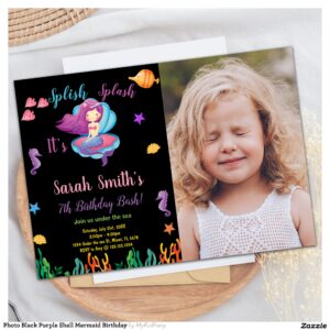 Photo Black Purple Shell Mermaid Birthday Invitation