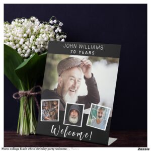 Photo collage black white birthday party welcome pedestal sign