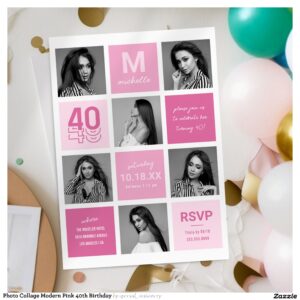 Photo Collage Modern Pink 40th Birthday Invitation