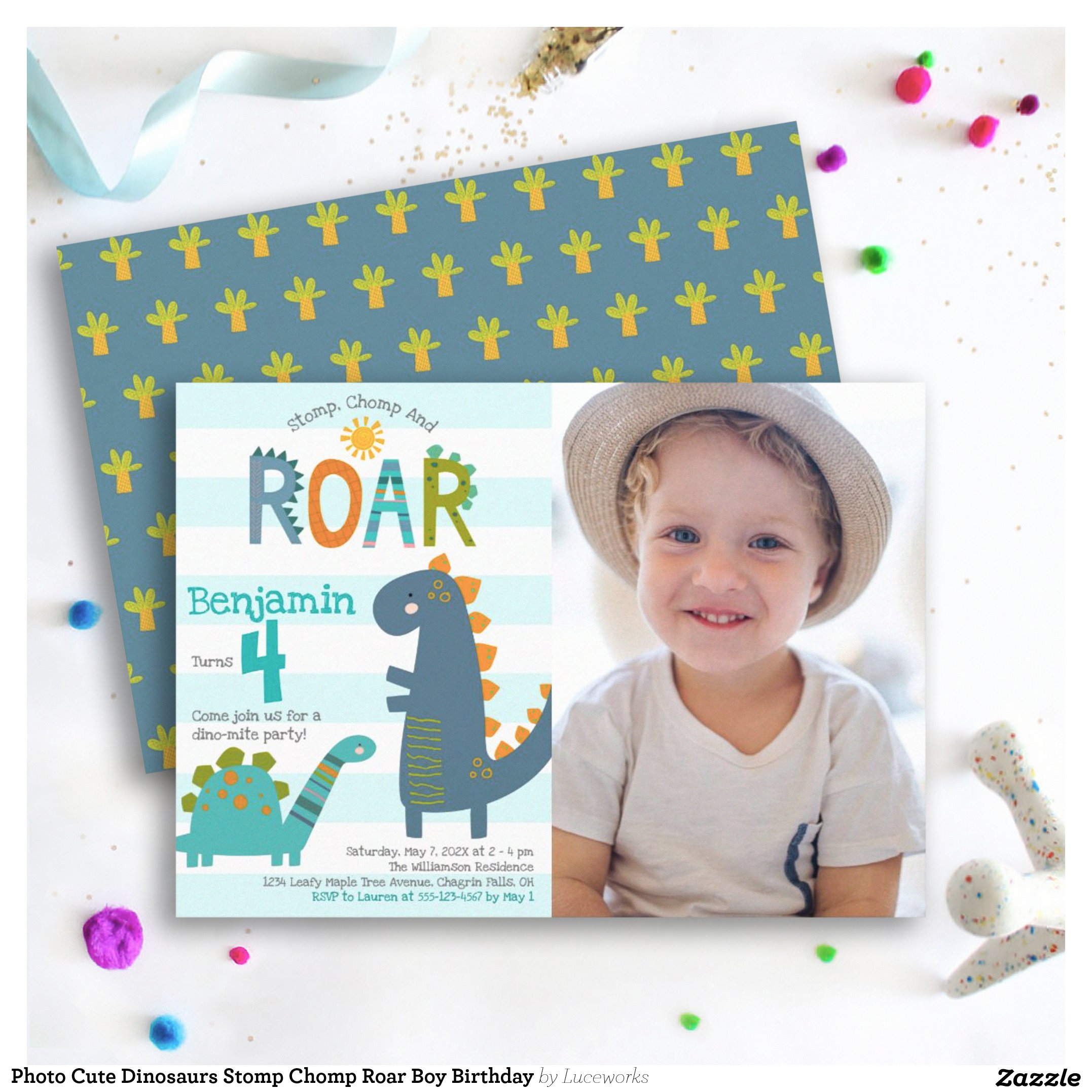 Photo Cute Dinosaurs Stomp Chomp Roar Boy Birthday Invitation