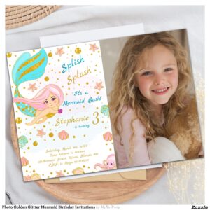 Photo Golden Glitter Mermaid Birthday Invitations