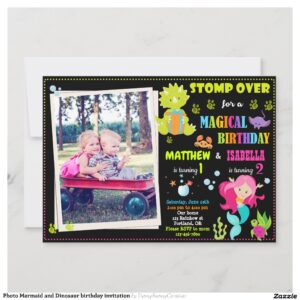 Photo Mermaid and Dinosaur birthday invitation