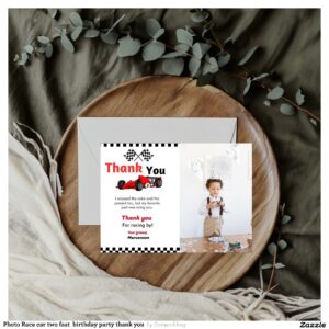Photo Race car two fast  birthday party thank you  Invitation
