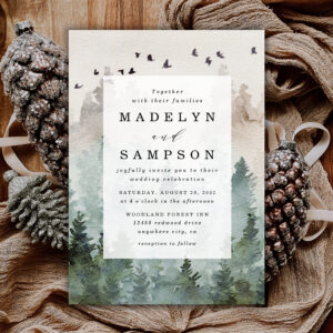 Pine Tree Forest Rustic Watercolor Themed Wedding Invitation