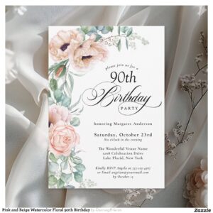 Pink and Beige Watercolor Floral 90th Birthday Invitation
