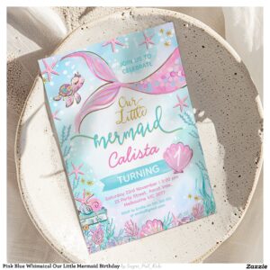 Pink Blue Whimsical Our Little Mermaid Birthday Invitation