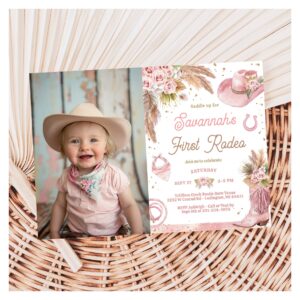 Pink Boho First Rodeo 1st Birthday Photo Invitation