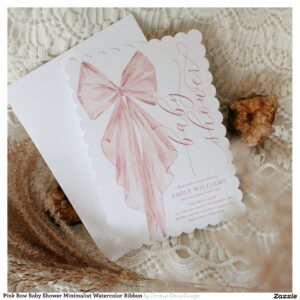 Pink Bow Baby Shower Minimalist Watercolor Ribbon Invitation