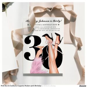 Pink Bow & Cocktails Coquette Modern 30th Birthday Invitation