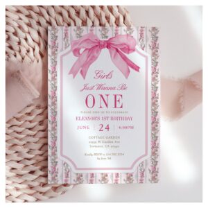 Pink Bow Girls Just Wanna Be One 1st Birthday Invitation