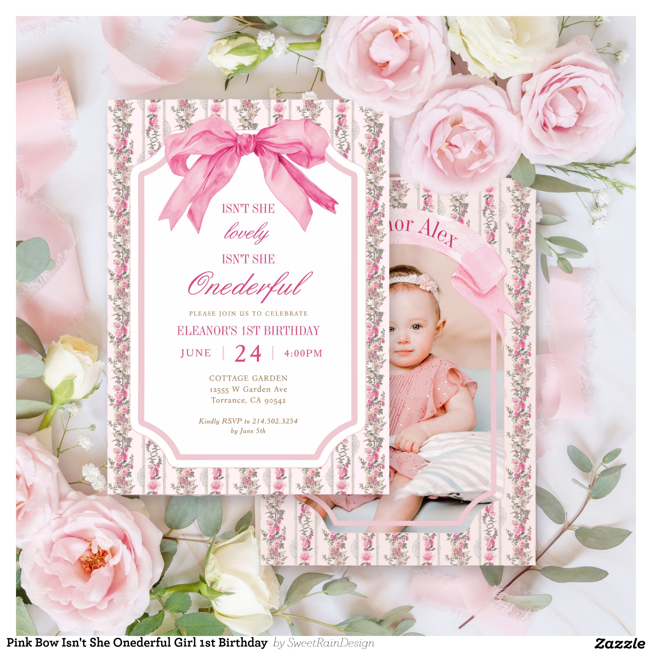 Pink Bow Isn't She Onederful Girl 1st Birthday  Invitation