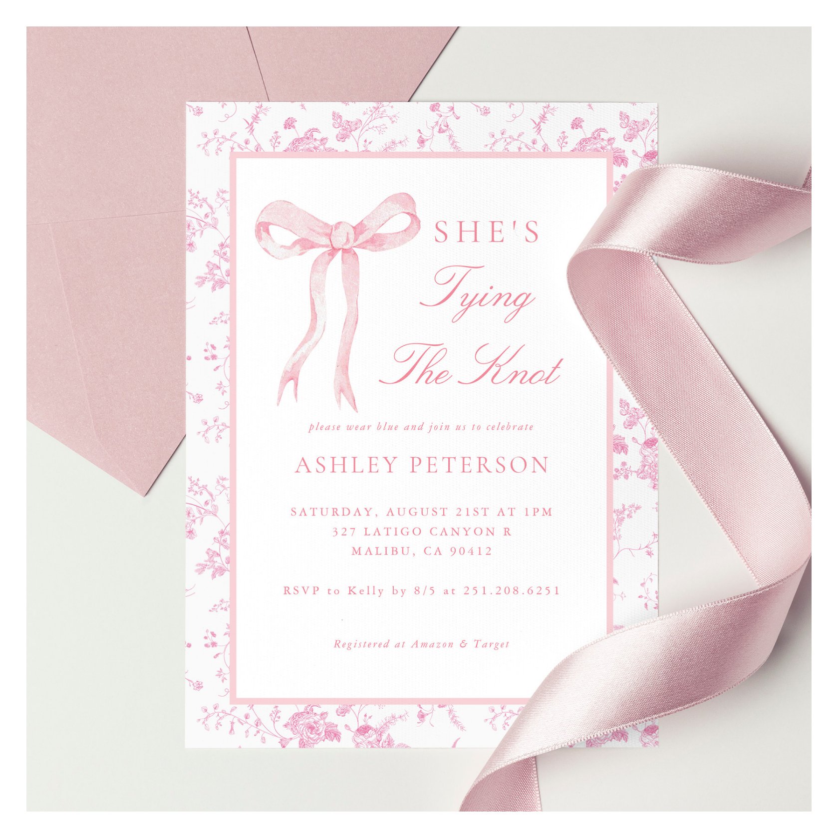 Pink Bow Toile She's Tying The Knot Bridal Shower Invitation