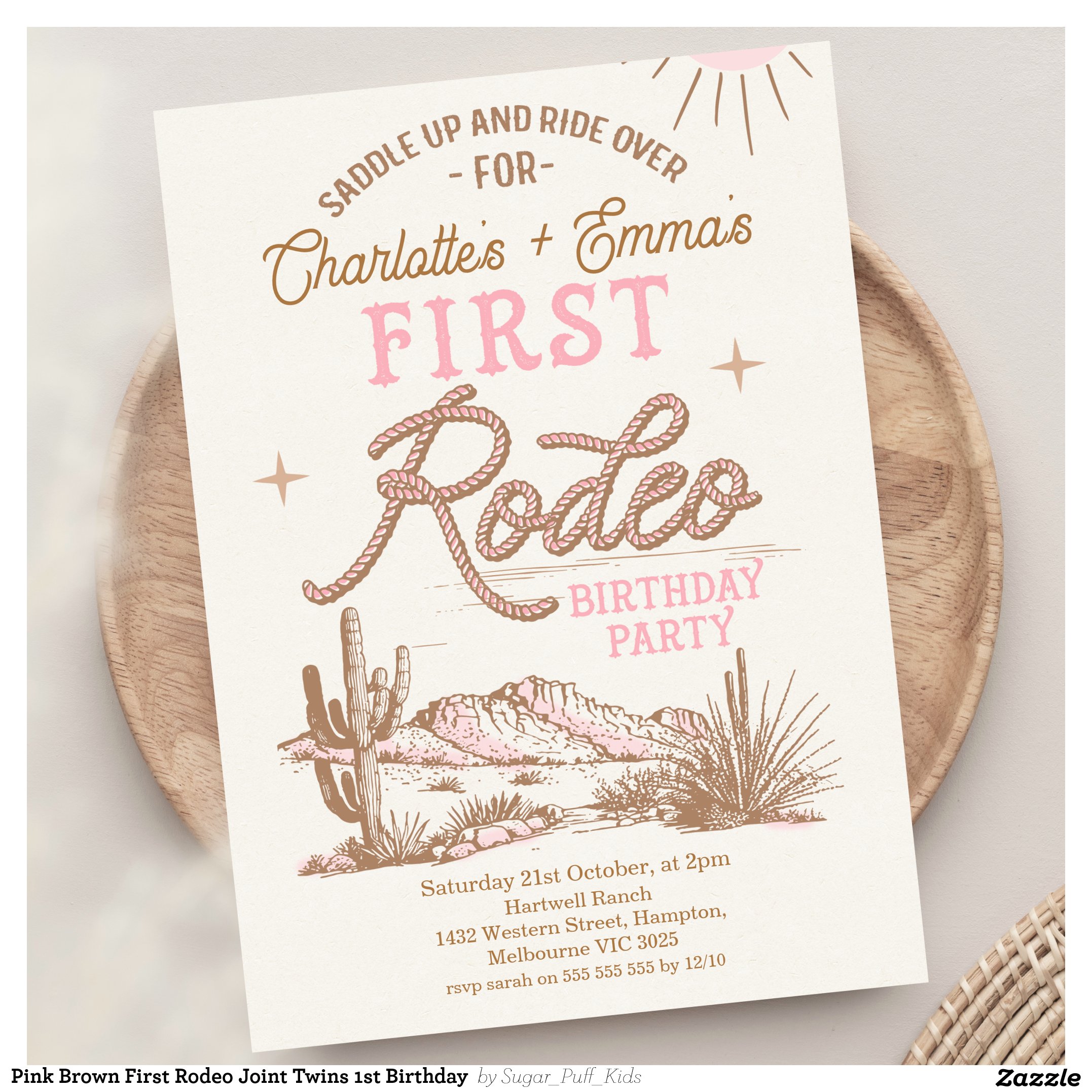 Pink Brown First Rodeo Joint Twins 1st Birthday  Invitation