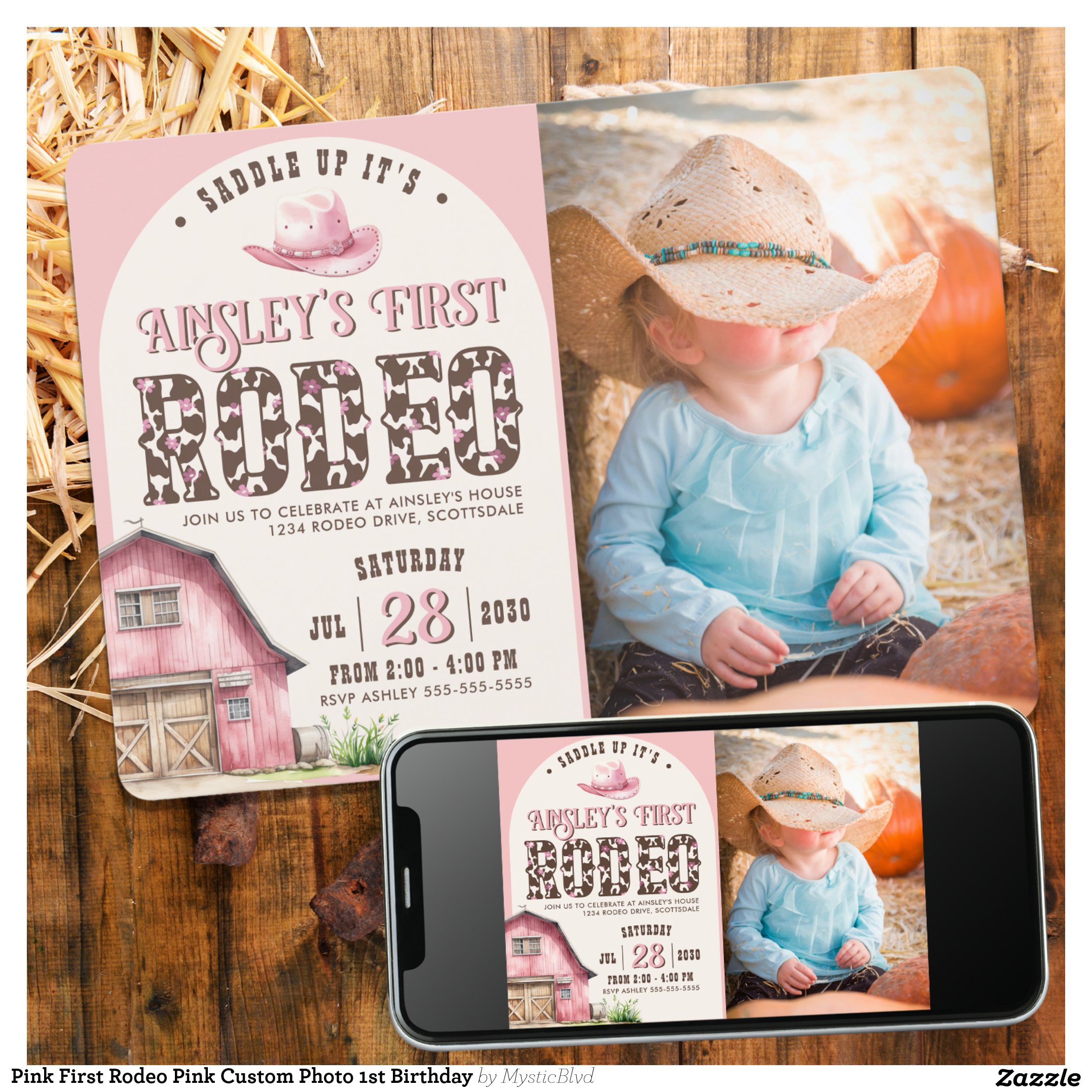 Pink First Rodeo Pink Custom Photo 1st Birthday Invitation