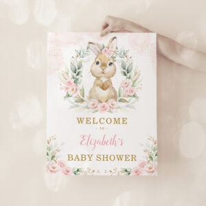 Pink Floral Bunny Rabbit Girl Baby Shower Welcome Poster