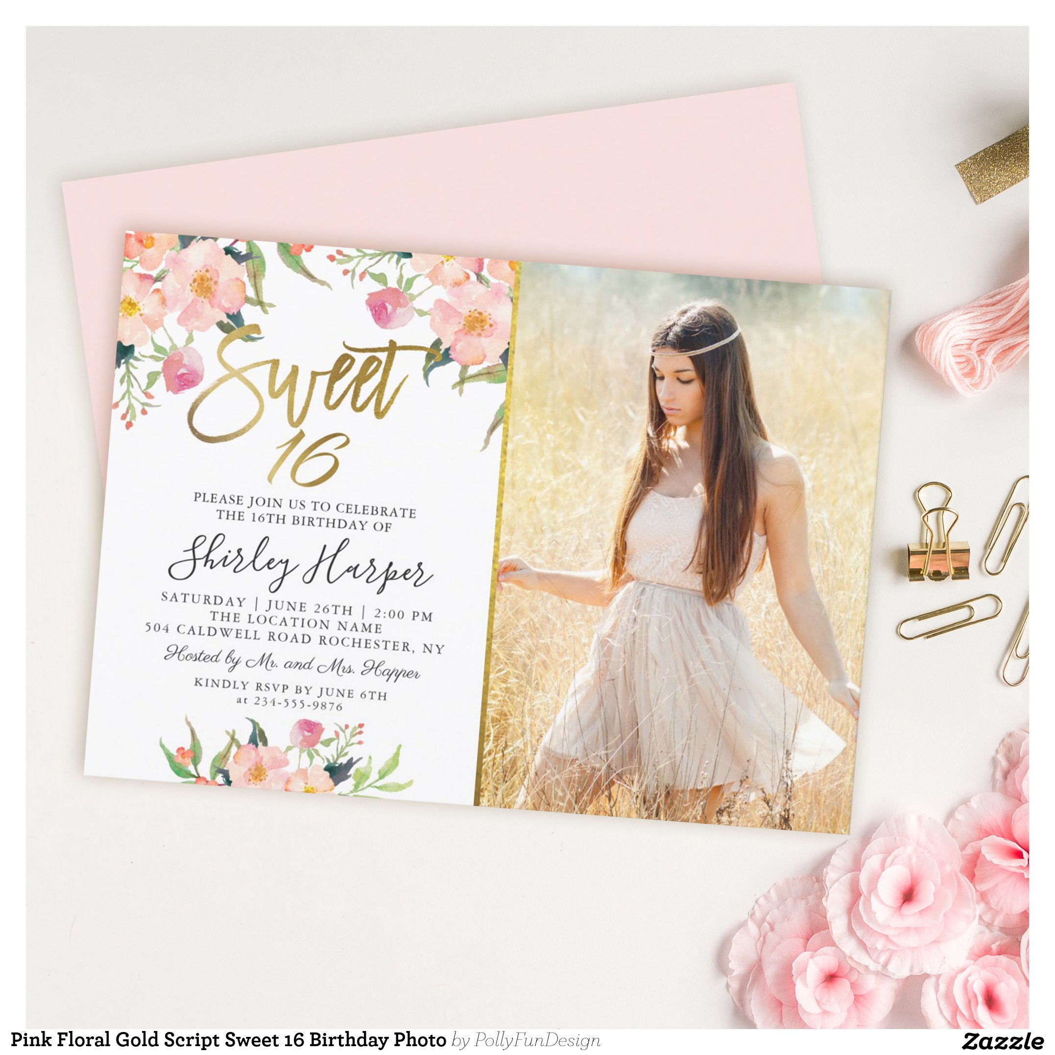 Pink Floral Gold Script Sweet 16 Birthday Photo Invitation