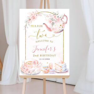 Pink Floral Tea for Two Birthday Welcome Sign
