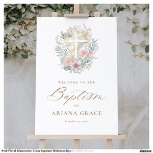 Pink Floral Watercolor Cross Baptism Welcome Sign