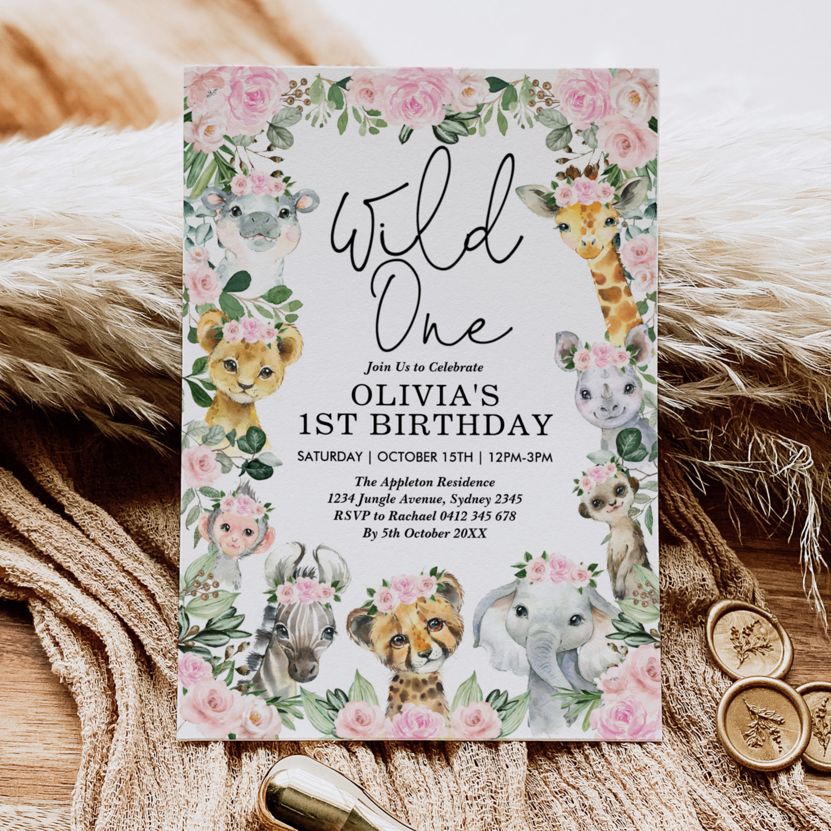 Pink Floral Wild One Jungle Safari Birthday Girl Invitation