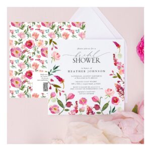 Pink Flowers QR Code Watercolor Bridal Shower Invitation