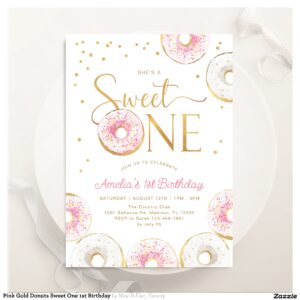 Pink Gold Donuts Sweet One 1st Birthday Invitation