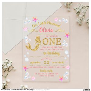 Pink & Gold Glitter Mermaid 1st Birthday Acrylic Invitations